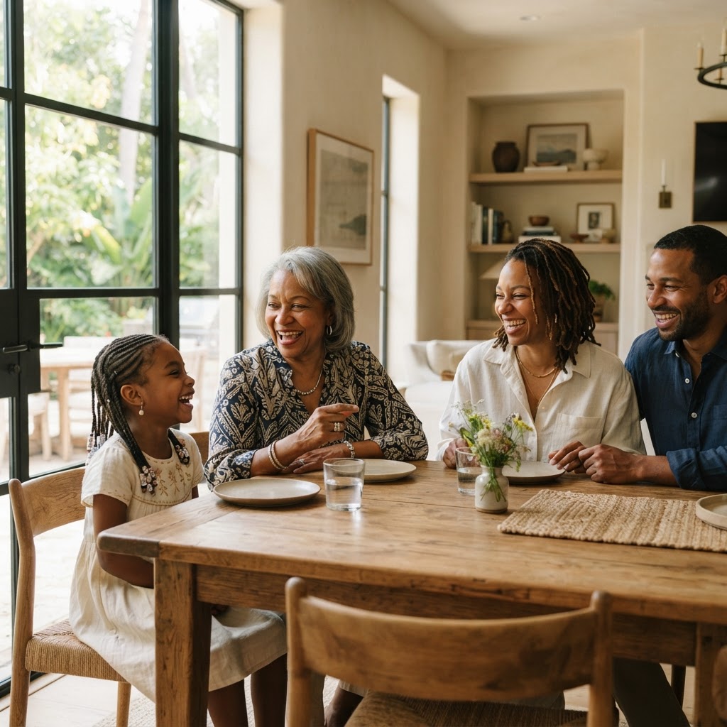 Family gathered around a kitchen table, smiling