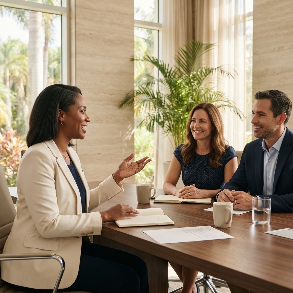 ASIREM advisor in conversation with two clients at a table